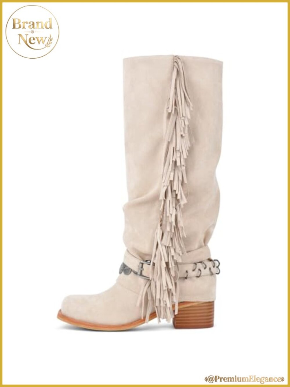 Knee High Riding Boots Fringe Buckle Chunky Heel Square Toe Slouch Suede